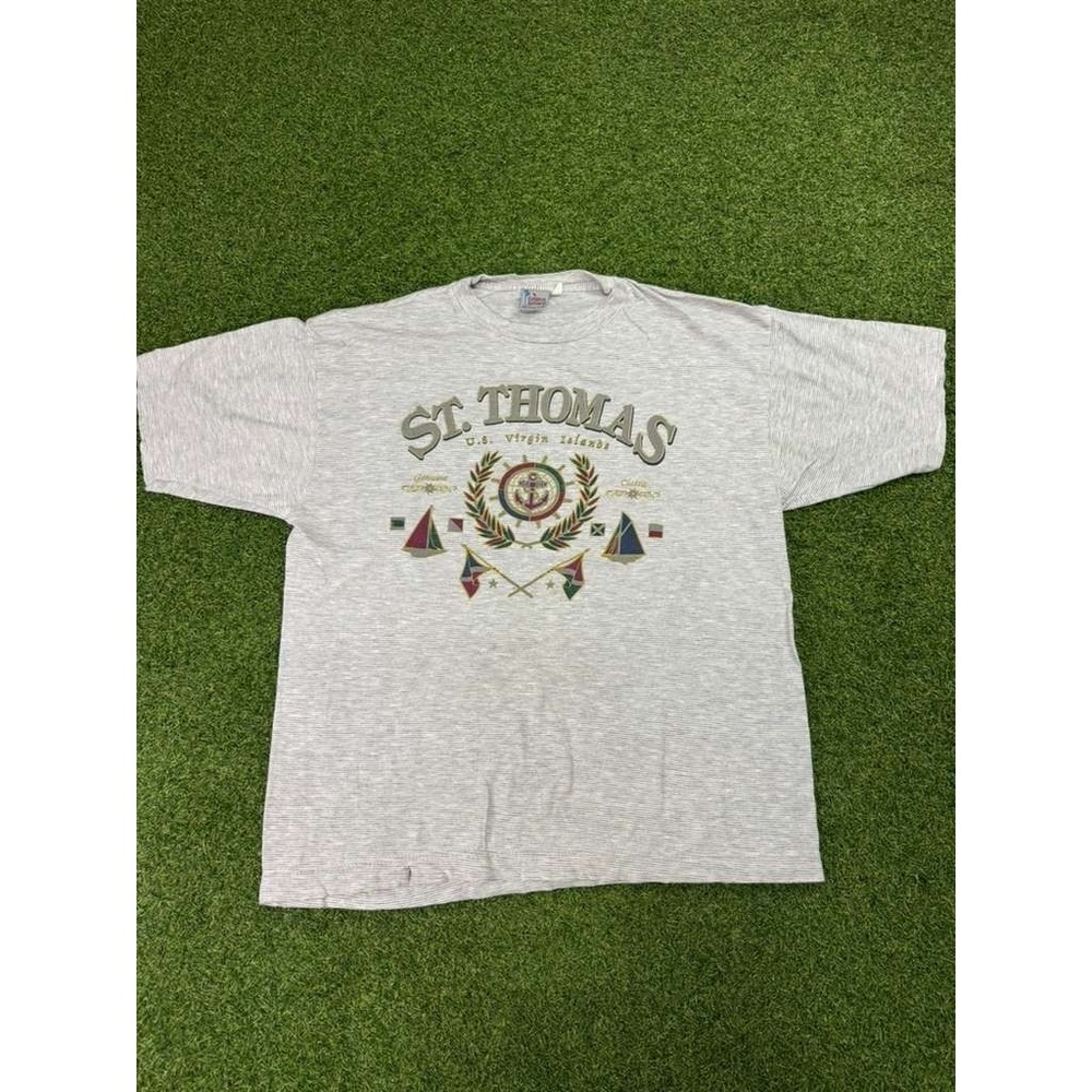 Caribbean St. Thomas U.S. Virgin Islands T Shirt‎ Mens Large Gray Striped Cotton